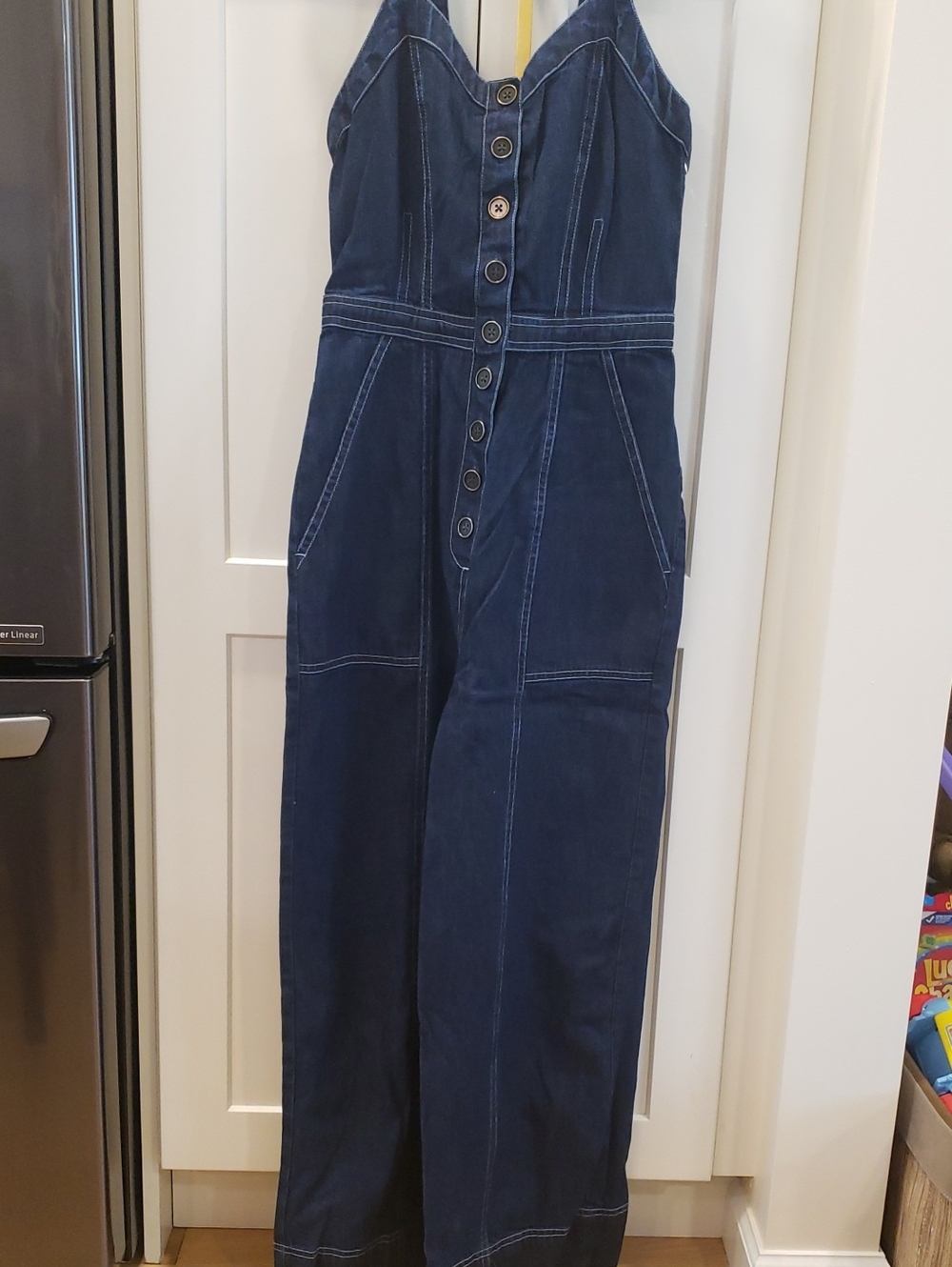 Women’s Dark Blue Denim Button-Front Jumpsuit , Size XS